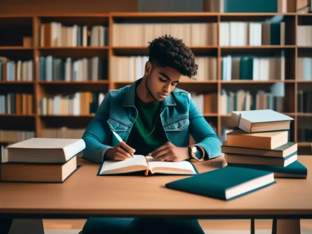 Estudiante preparándose para admisión universitaria Estudiante enfocado en escritura con materiales de admisión universitaria - Estrategias proactivas para admisiones universitarias