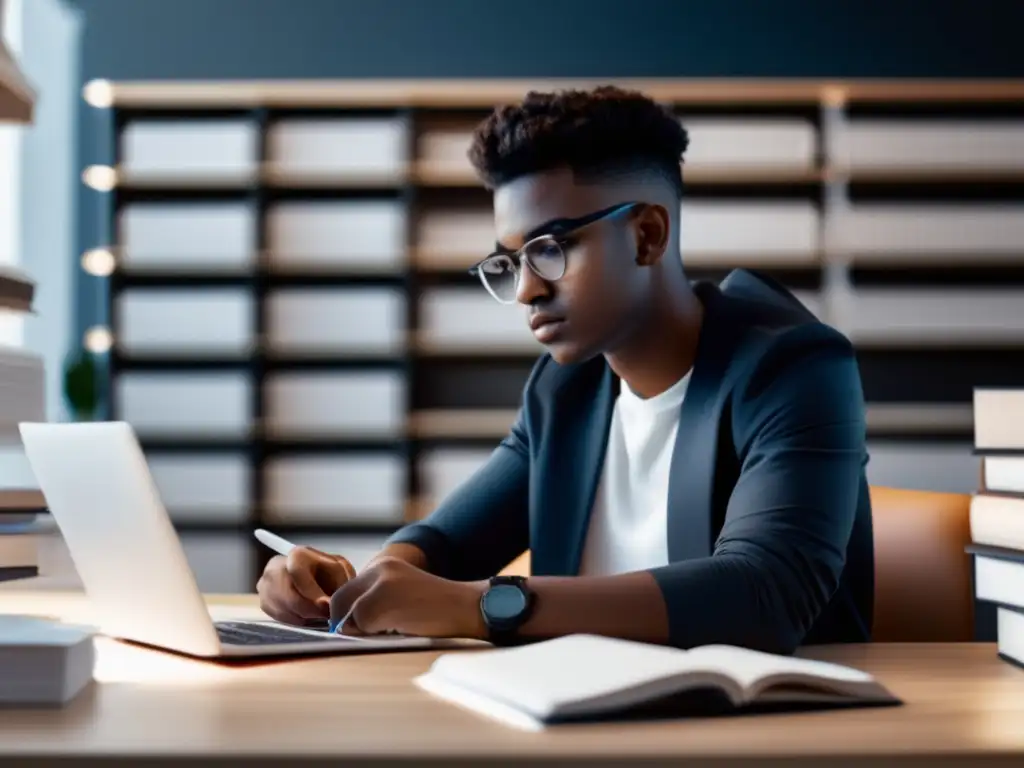 Estudiante enfocado en un moderno entorno de estudio Estudiante enfocado en estudio con ambiente minimalista - Estrategias para obtener becas universitarias