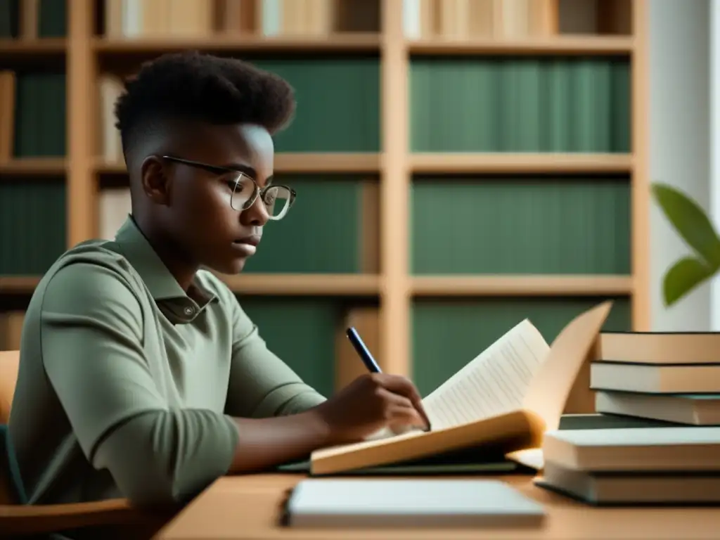 Estudiante enfocado en su escritorio Estudiante enfocado en el estudio, reflejando importancia de becas universitarias
