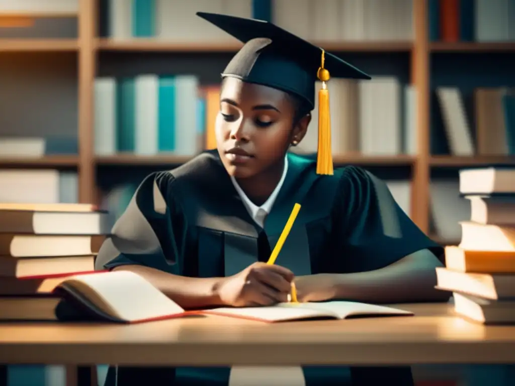 Estudiante enfocado con libros y gorro de graduación Estudiante enfocado en estudio con libros y gorro de graduación, iluminado suavemente