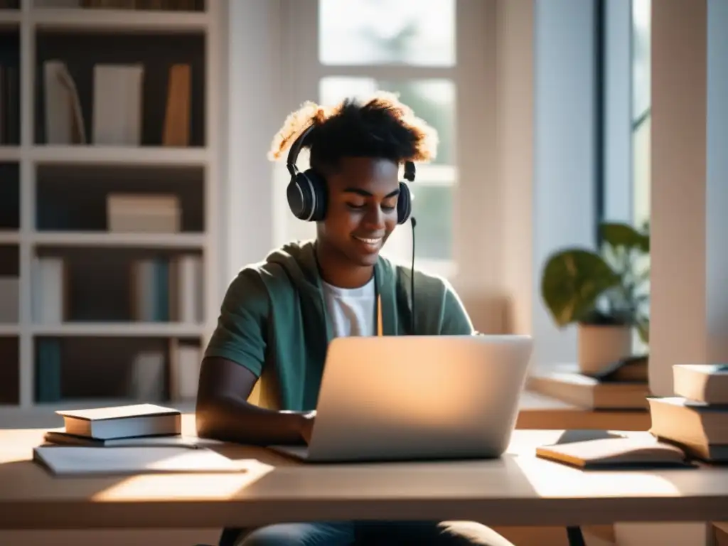 Estudiante enfocado en un espacio de estudio minimalista Estudiante enfocado en estudio con luz natural y laptop - Moratoria préstamos estudiantiles proceso admisiones universitarias