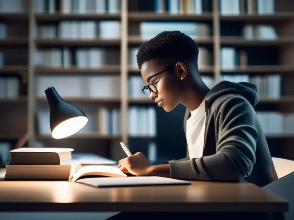 Estudiante determinado en espacio de estudio moderno Estudiante enfocado en estudio con resiliencia en exámenes universitarios