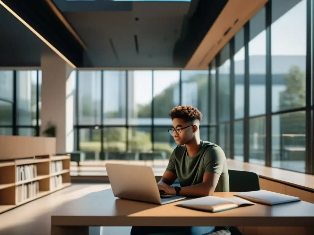Joven estudiante con determinación en estudio Estudiante enfocado en estudios en habitación minimalista con vista a campus universitario