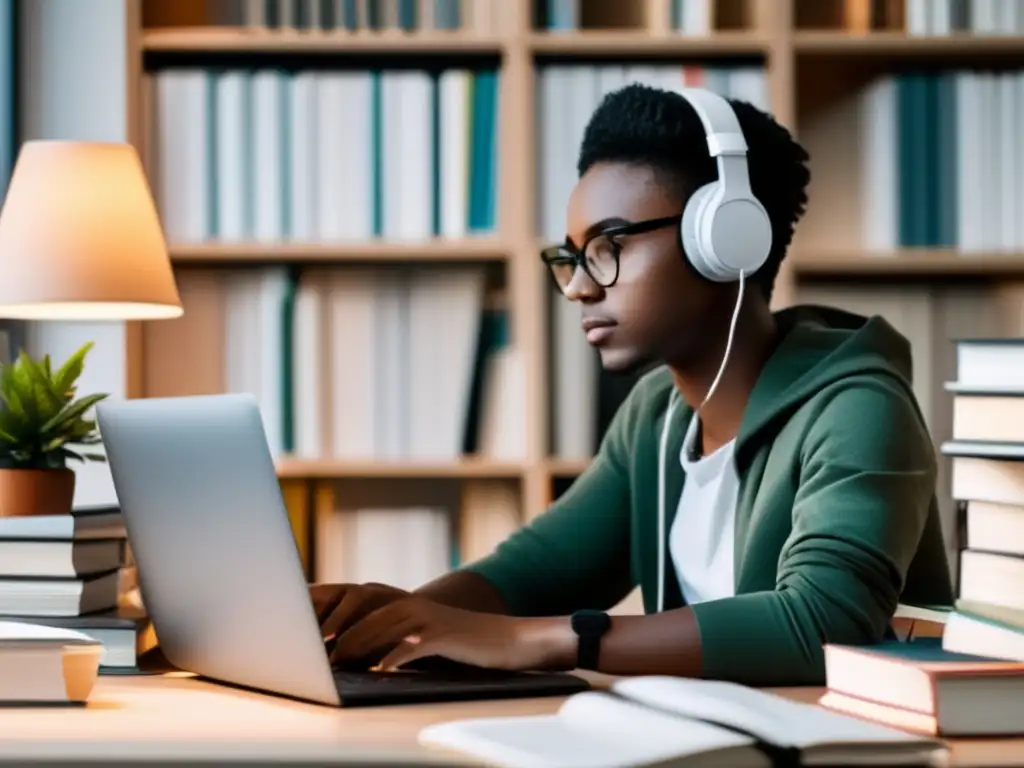 Estudiante trabajando en su escritorio Estudiante enfocado trabajando en laptop con consejos para solicitar becas universitarias