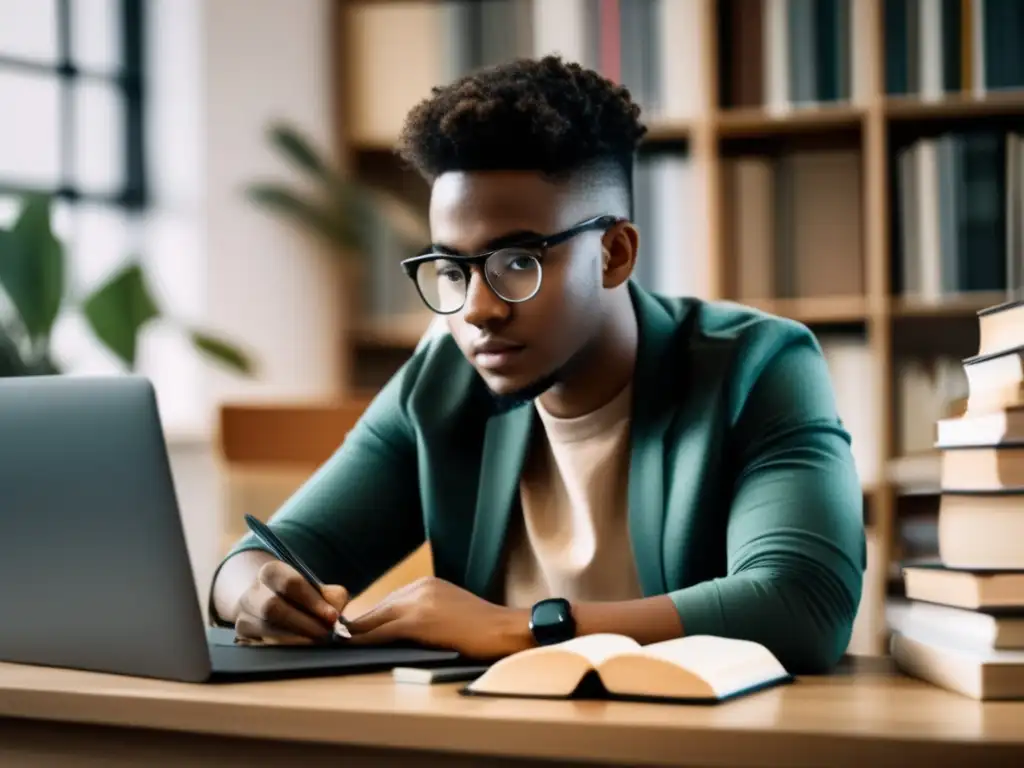 Estudiante enfocado en su escritorio Estudiante enfocado con laptop y escritorio desordenado - Logros académicos destacados - Cómo argumentar necesidad y mérito en entrevista de becas