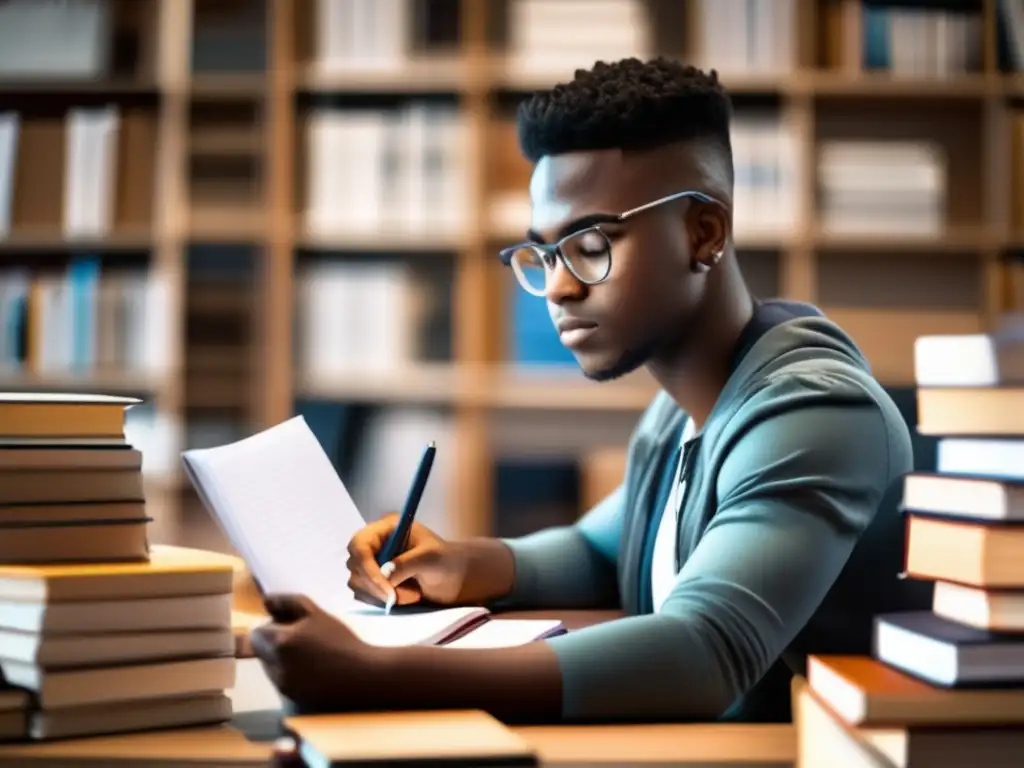 Estudiante enfocado en preparación y estudio Estudiante enfocado con libros, notas y materiales de estudio