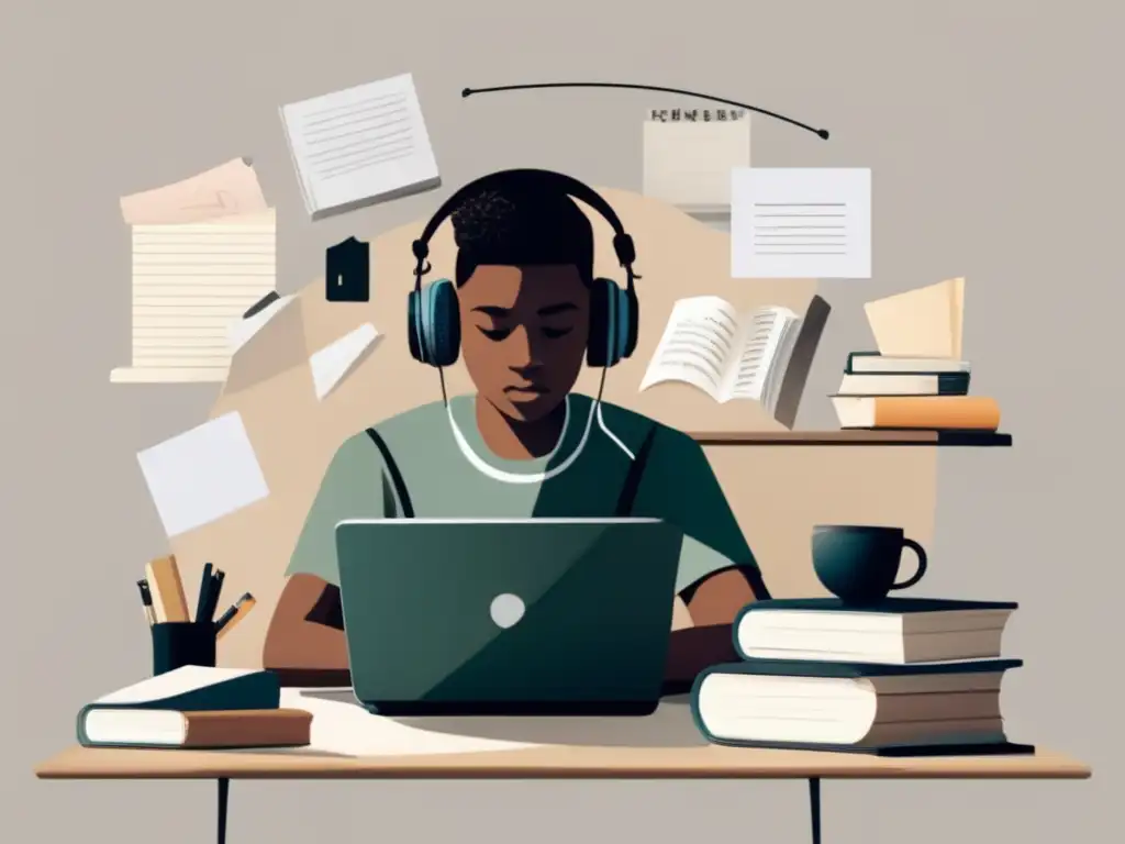 Estudiante enfocado en escritorio Estudiante enfocado y organizado estudiando con libros, laptop y notas - Estrategias admisiones universitarias Duke