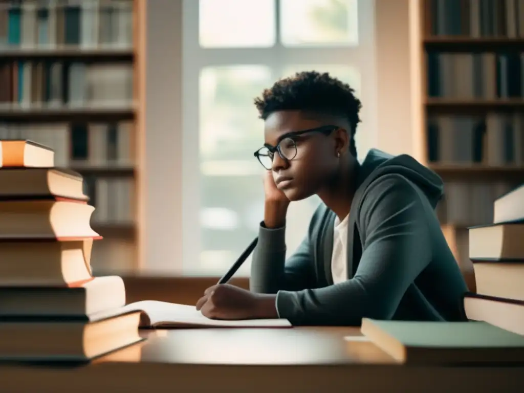 Estudiante enfocado estudiando en su escritorio Estudiante enfocado en proceso de admisiones universitarias exitoso