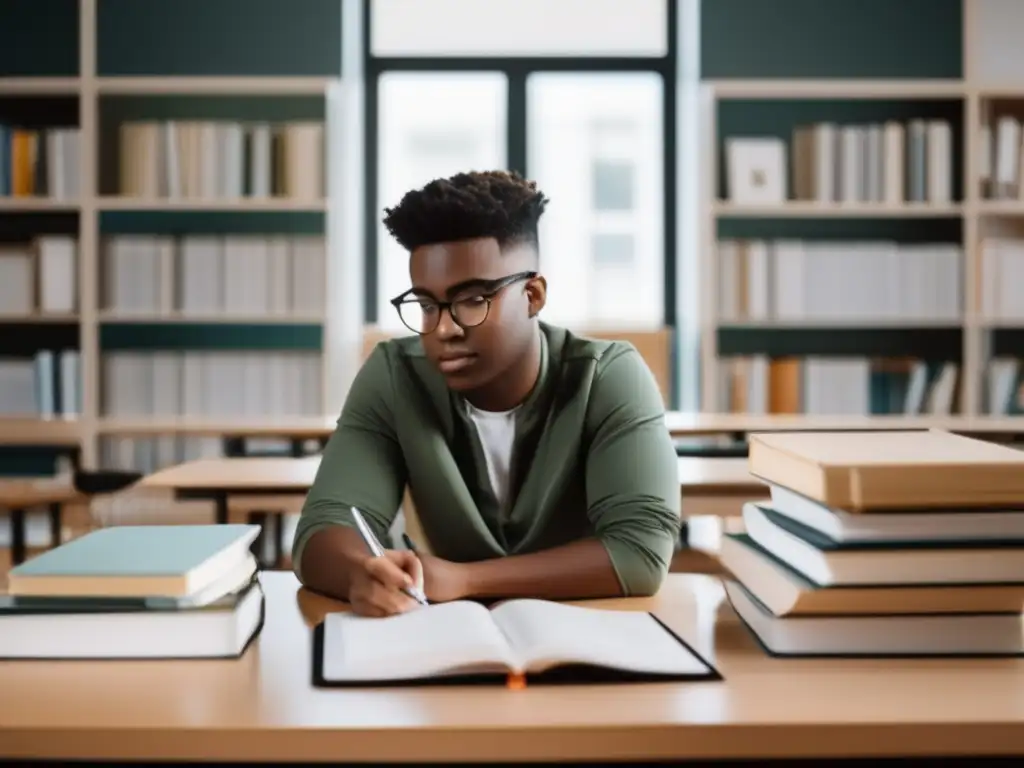 Estudiante enfocado en estudio y libros Estudiante enfocado en proceso de admisiones universitarias exitoso en moderno y minimalista estudio