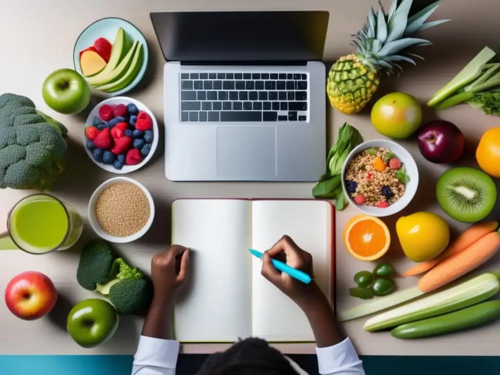 Estudiante enfocado rodeado de comida saludable Estudiante enfocado rodeado de alimentos saludables: Alimentos para mejorar rendimiento estudiantil