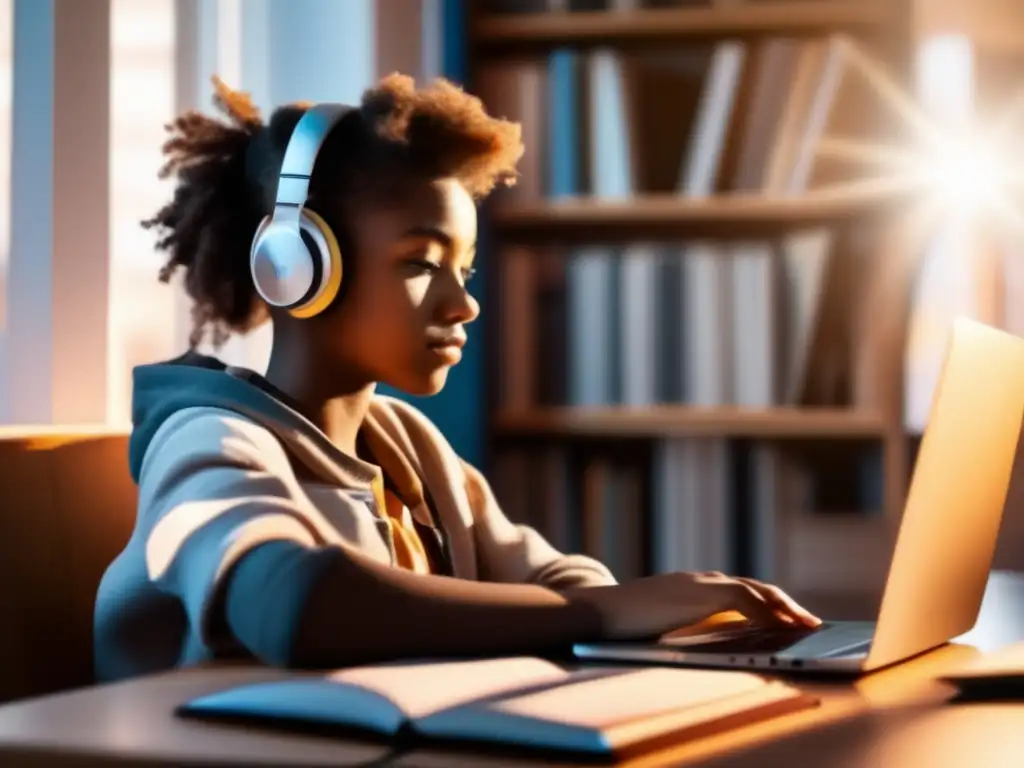 Joven estudiante enfocado en el éxito Estudiante enfocado rodeado de libros, escuchando audio motivacional, en un entorno minimalista y con cita inspiradora