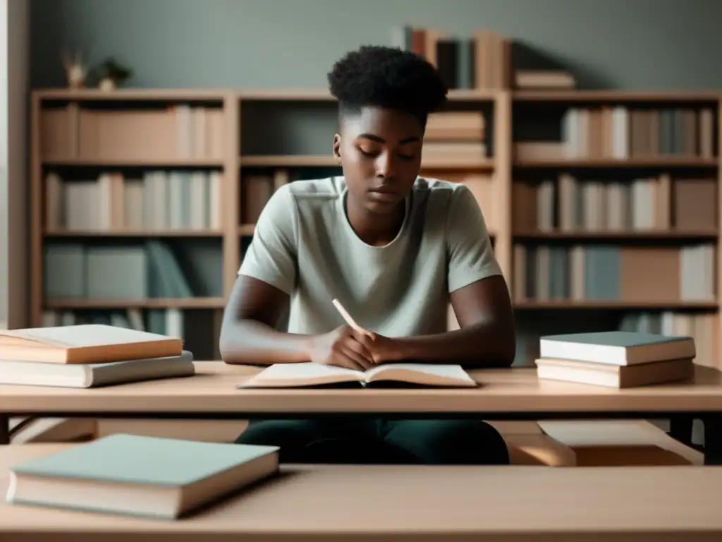 Estudiante en un entorno de estudio calmado y acogedor Estudiante en un entorno de estudio tranquilo y moderno - Estrategias para evitar el burnout preuniversitario