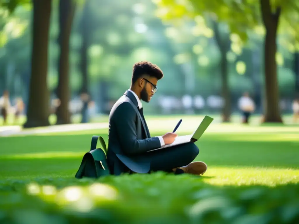 Estudiante concentrado en parque tranquilo Estudiante preparándose para entrevistas universitarias en un entorno tranquilo - Manejo del estrés durante entrevistas universitarias