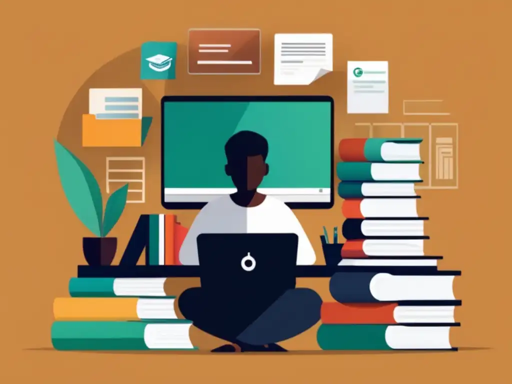 Estudiante investigando para entrevistas Estudiante en escritorio con laptop rodeado de libros y papeles, mostrando entusiasmo en entrevistas de admisión para maestrías