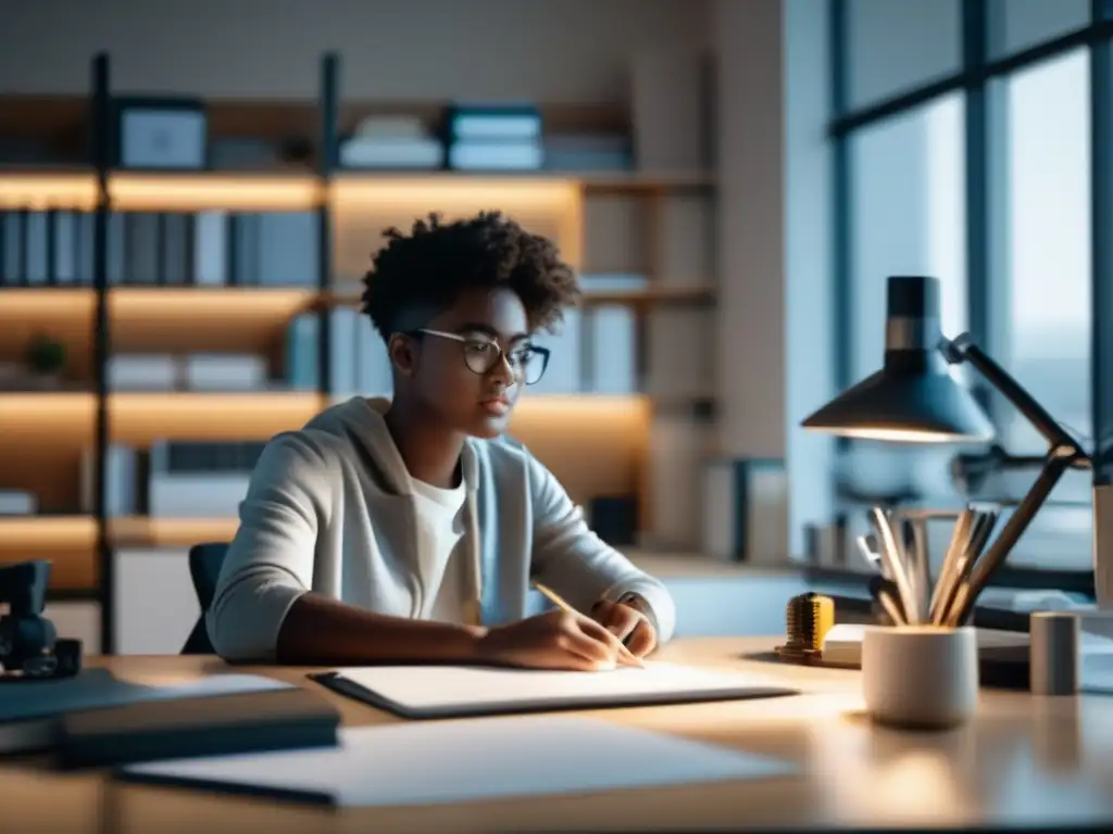 Estudiante enfocado en su escritorio moderno Estudiante en escritorio moderno rodeado de herramientas especializadas - Financiamiento universitario especializado