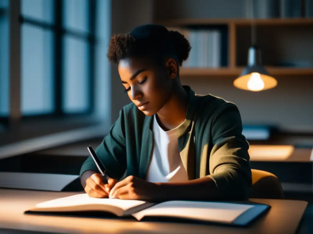 Estudiante concentrado en un escritorio organizado Estudiante en un escritorio organizado, tranquilo y enfocado