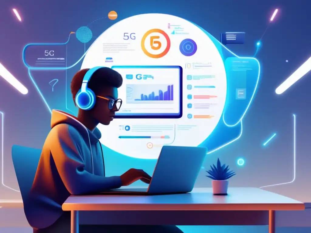 Estudiante enfocado en examen 5G Estudiante en examen de admisión con tecnología 5G