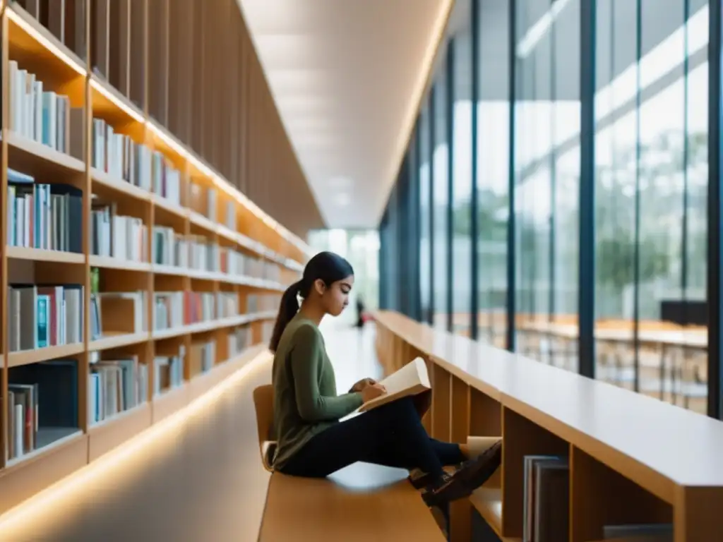 Estudiante fascinado en biblioteca moderna Estudiante fascinado en biblioteca minimalista - Beneficios de explorar universidades alternativas