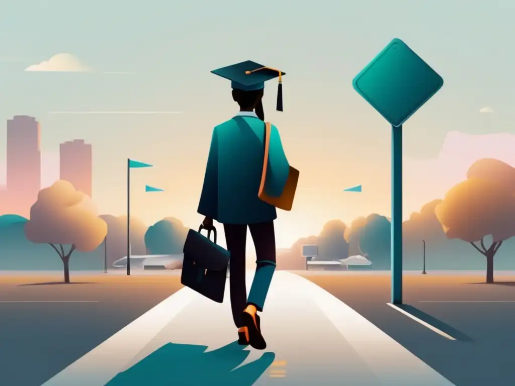 Estudiante en encrucijada Ilustración estudiante graduado reflexionando en encrucijada, preparándose para prácticas universitarias