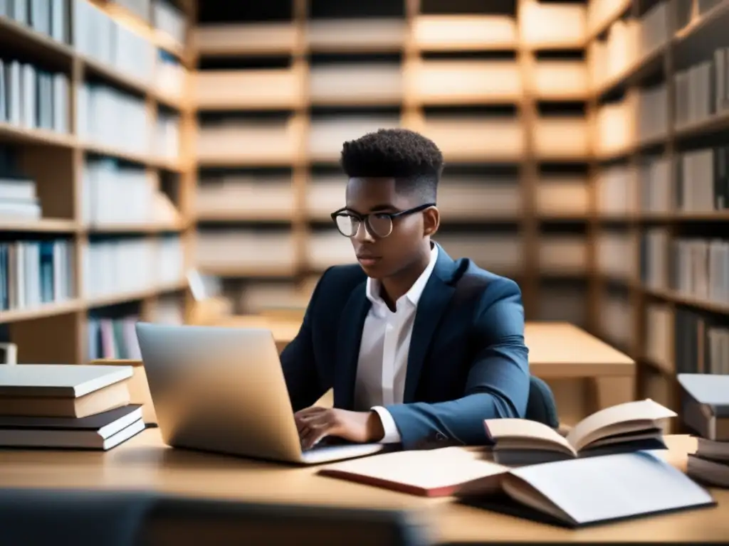 Estudiante enfocado en selección de historias Estudiante seleccionando historias para admisiones universitarias