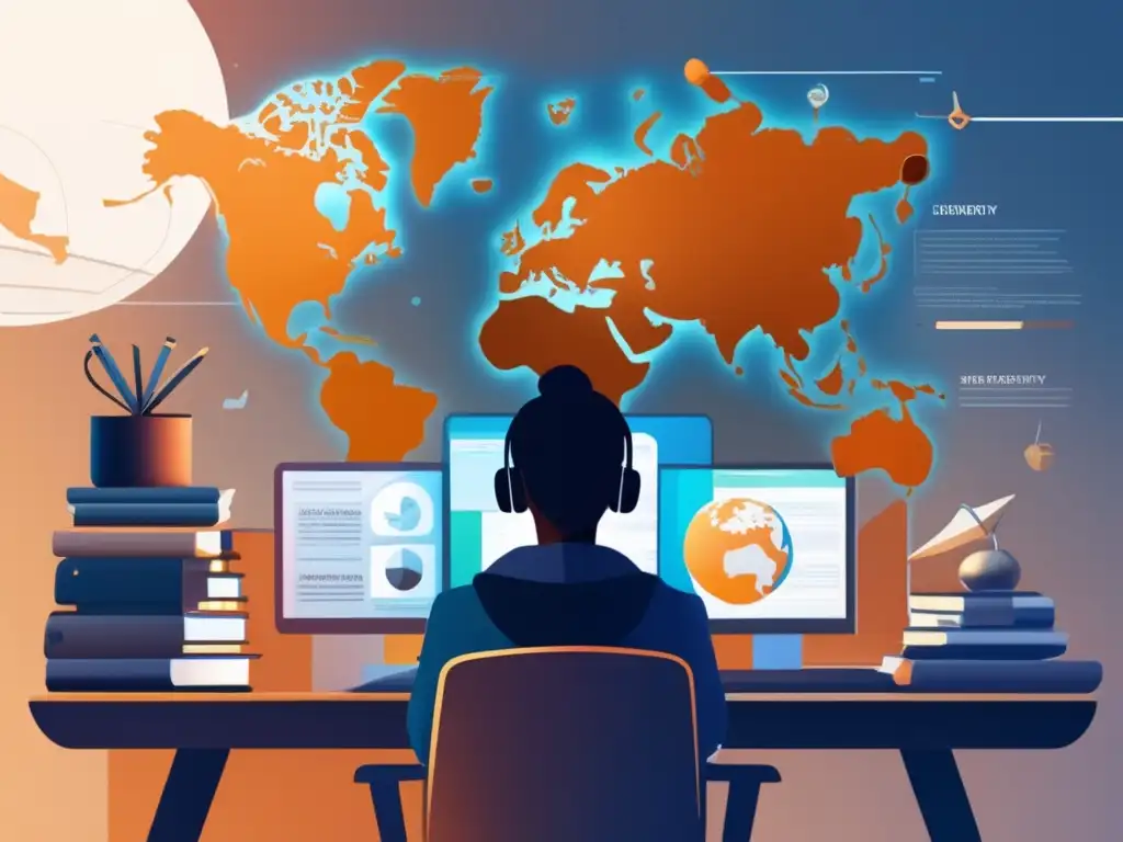 Estudiante internacional preparado y confiado Estudiante internacional seguro en su escritorio futurista, rodeado de libros e información de universidades