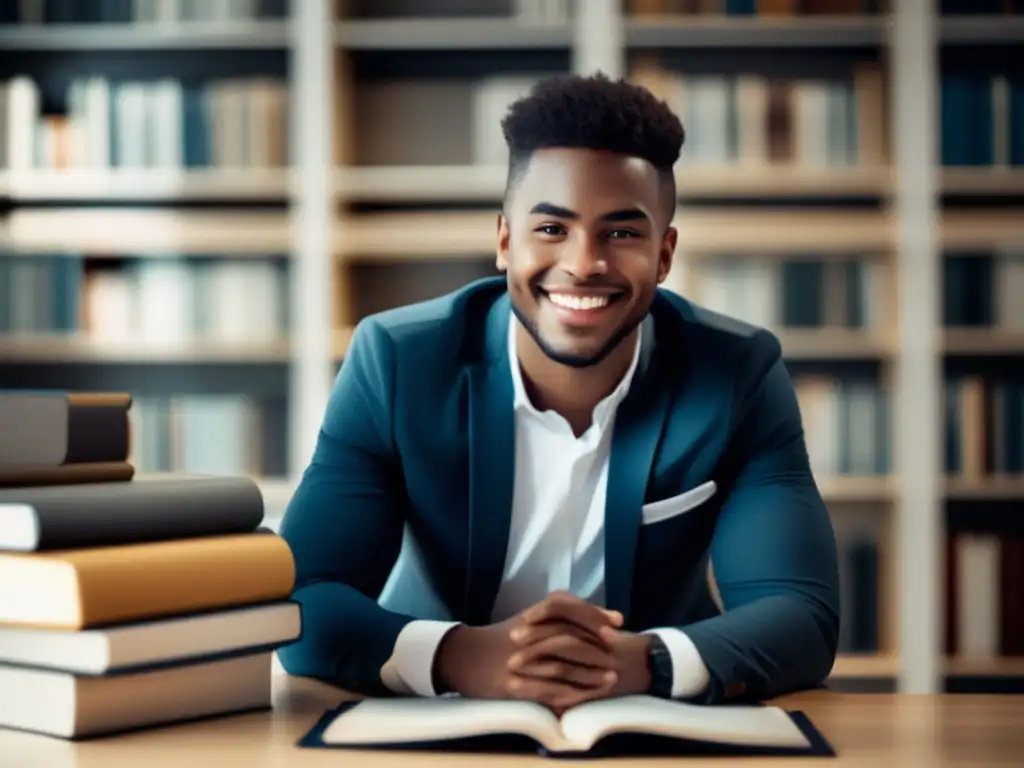 Estudiante motivado en un ambiente profesional Estudiante motivado en sala bien iluminada, con libros de estudio - Simulacros de entrevistas universitarias exitosas