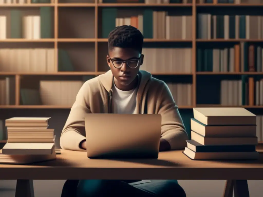 Estudiante concentrado en escritorio Estudiante pensativo en escritorio rodeado de libros, con laptop abierta