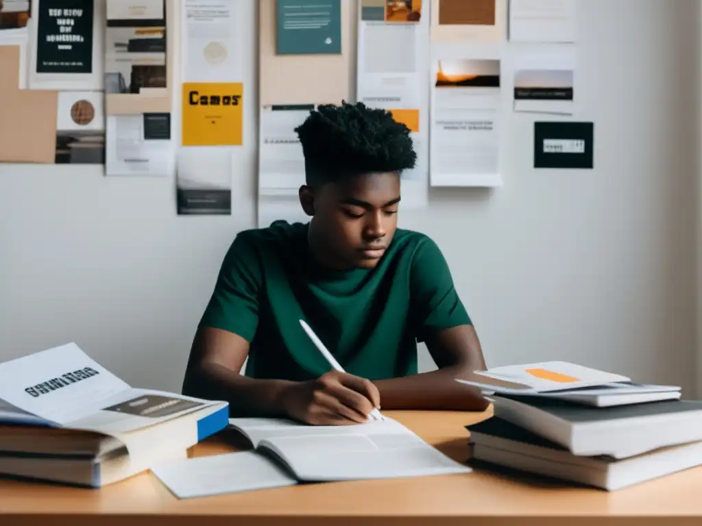Estudiante reflexivo considerando opciones Estudiante pensativo analizando opciones universitarias: Psicología en decisiones universitarias