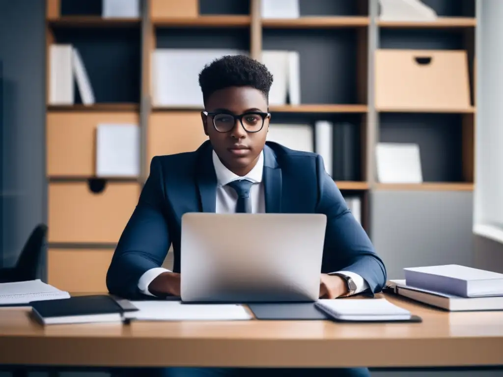 Estudiante profesional en un escritorio minimalista Estudiante con portafolio universitario exitoso en un escritorio minimalista