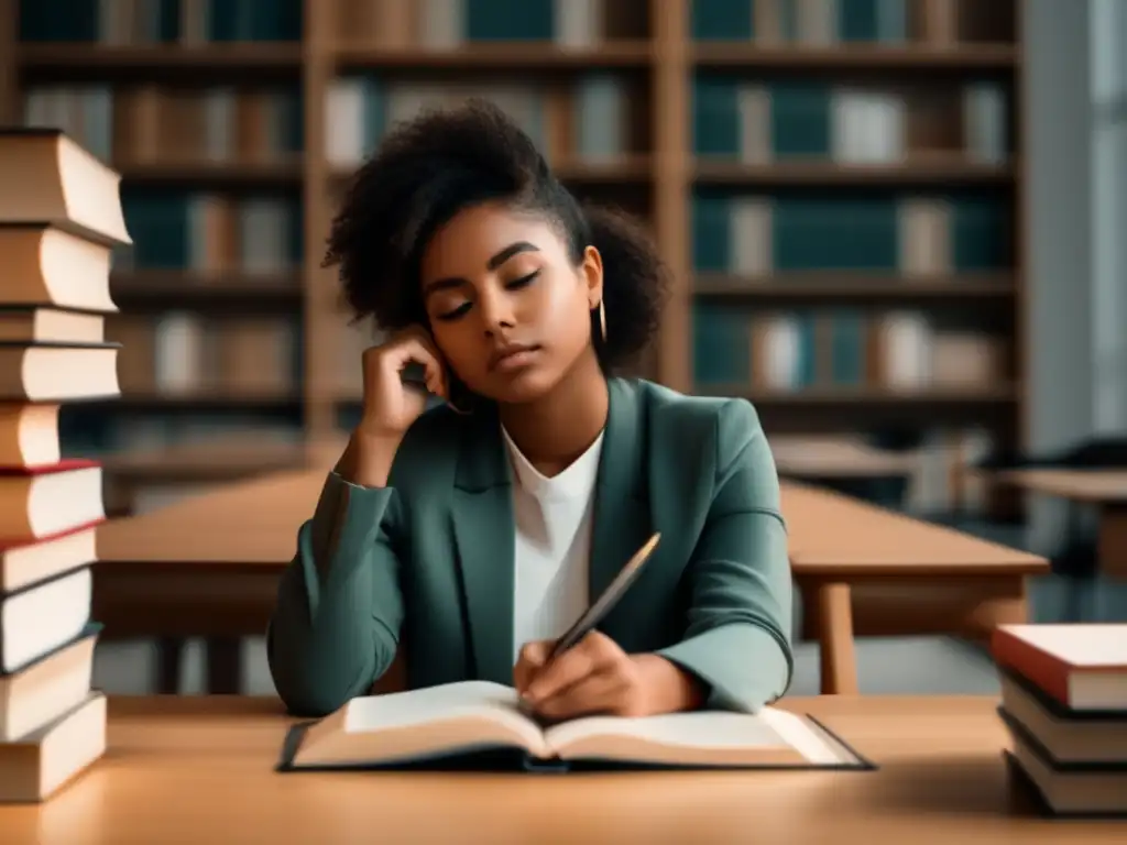 Estudiante concentrado con libros Estudiante reflexivo con libros, destacando importancia de inteligencia emocional en admisión universitaria