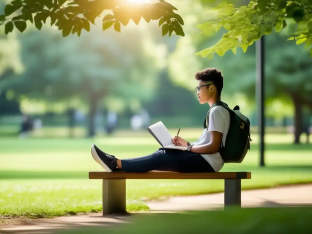 Estudiante reflexivo en un parque Estudiante reflexivo rodeado de naturaleza, representa la resiliencia en admisiones universitarias