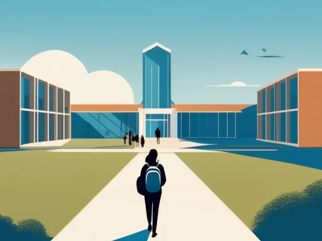 Estudiante resiliente caminando en el campus Un estudiante resiliente camina por un campus moderno, simbolizando esperanza y superación de lesiones que afectan opciones universitarias