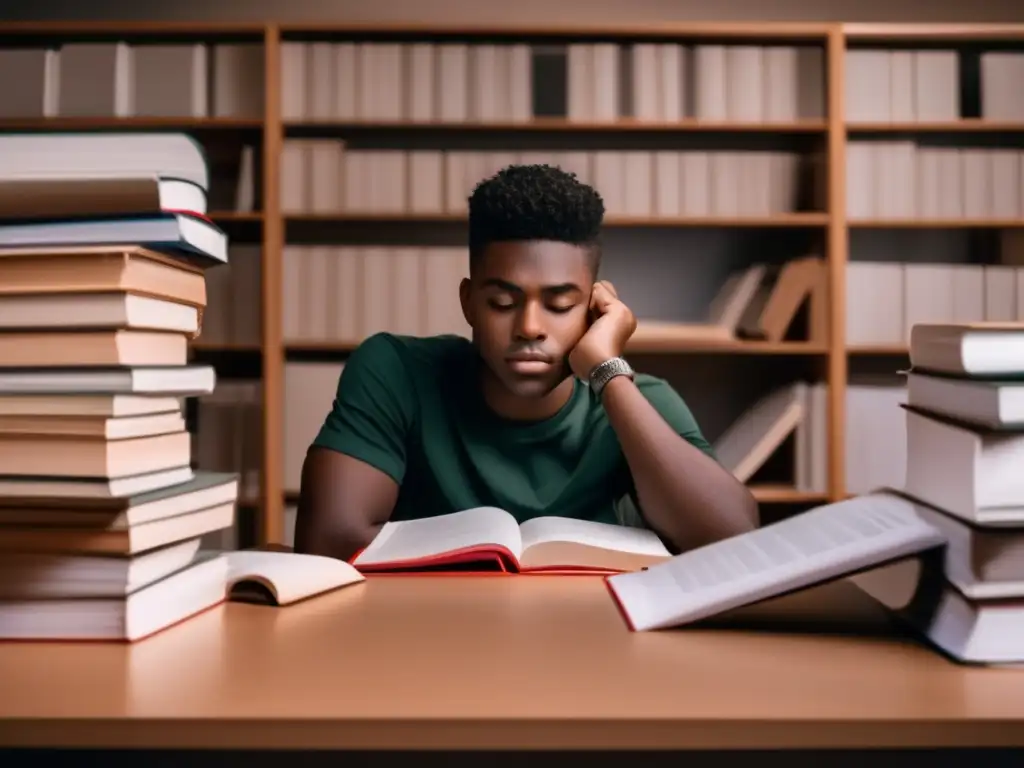 Estudiante concentrado en estudio Estudiante pensando, rodeado de libros y papeles