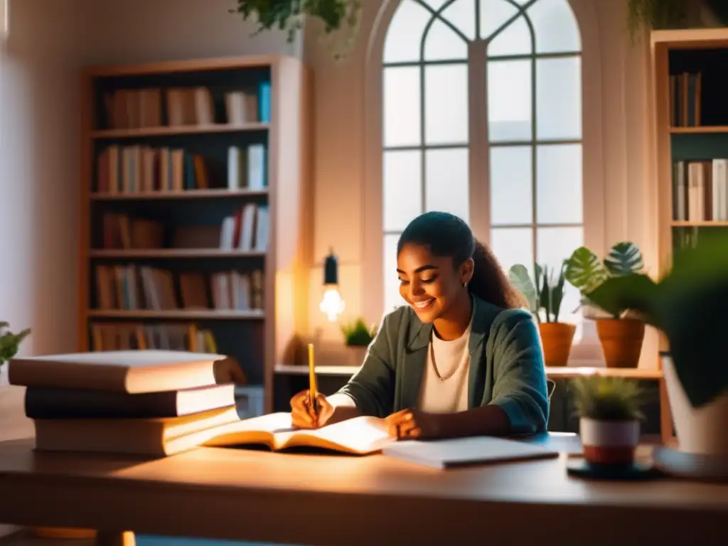Estudiante concentrado en ambiente de estudio Estudiante tranquilo en un ambiente inspirador con libros y consejos para manejar el estrés en admisión a maestrías