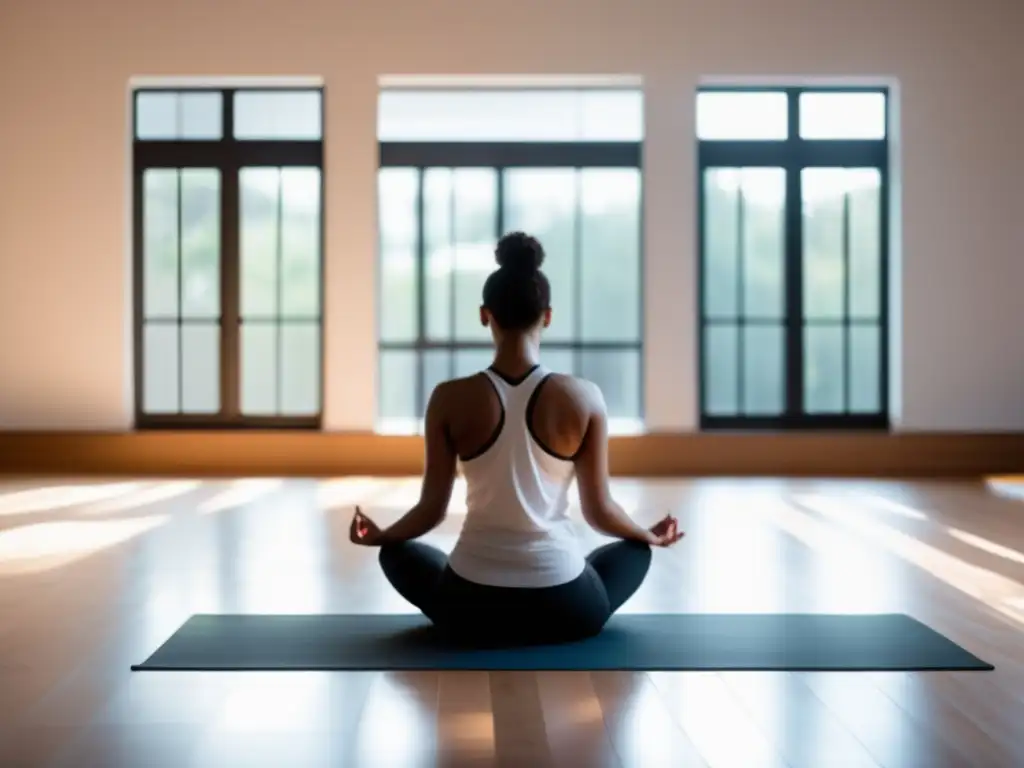 Estudiante universitaria meditando en estudio de yoga Estudiante universitaria en meditación, beneficios del yoga para estudiantes