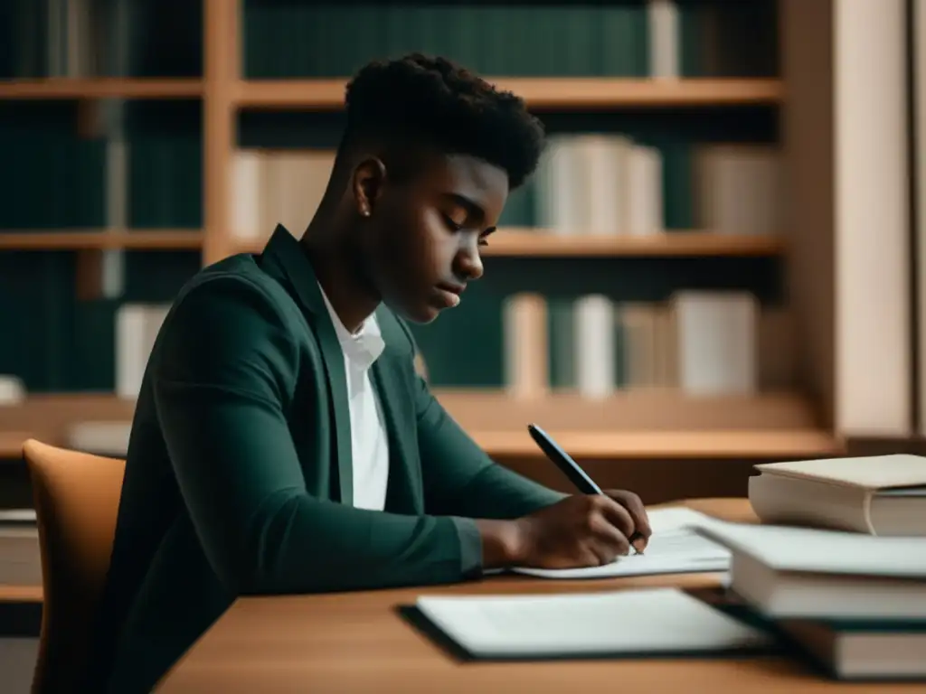 Estudiante concentrado escribiendo su ensayo Estudiante universitario enfocado en ensayo con ejemplos personales