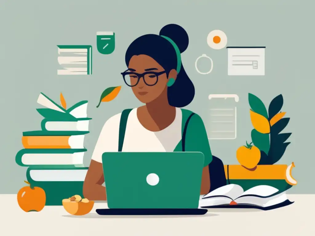 Estudiante universitario enfocado con escritorio organizado Estudiante universitario enfocado con una mesa organizada, reflejando la importancia de la nutrición para el rendimiento mental