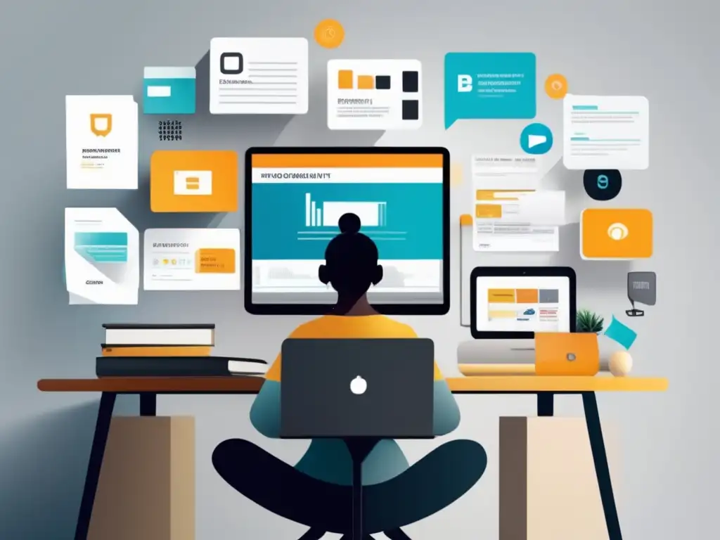 Estudiante universitario en espacio de trabajo moderno Estudiante universitario con estrategias de marca personal (110 caracteres)