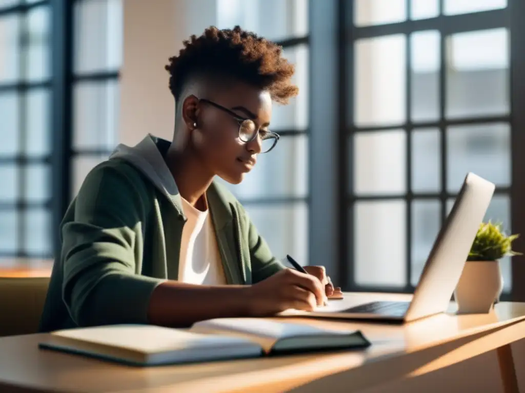 Estudiante concentrado en su escritorio moderno Estudiante universitario mejorando habilidades de aprendizaje autónomo