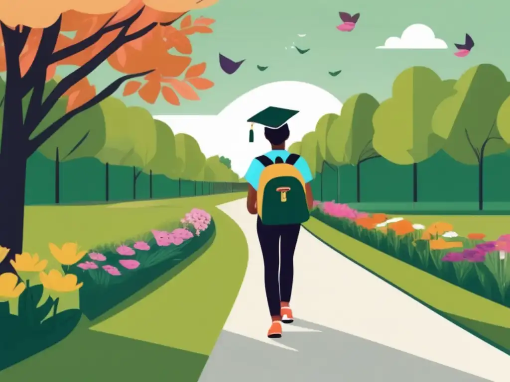 Estudiante camino a la universidad Estudiante universitario celebrando logros, rodeado de naturaleza y con mirada determinada
