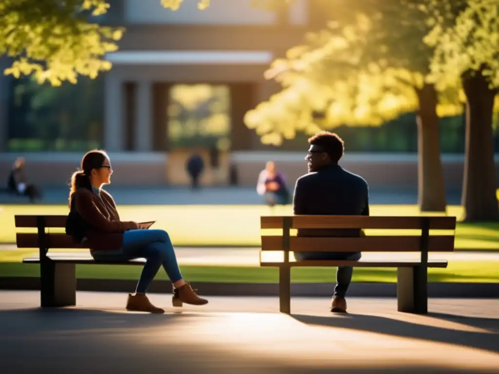 Mentoría universitaria: apoyo y transformación Estudiante universitario y mentor conversando en un campus pintoresco