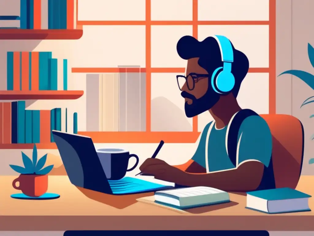 Estudiante universitario enfocado y tranquilo Estudiante universitario organizado, tranquilo y concentrado en estrategias para superar ansiedad universitaria