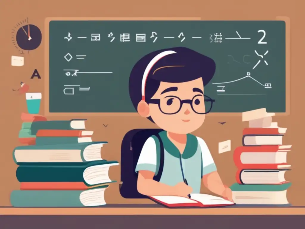 Estudiante abrumado por el Síndrome del Impostor Estudiante universitario con Síndrome del Impostor rodeado de libros y apuntes