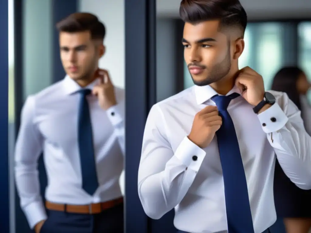 Estudiante universitario bien vestido frente al espejo Un estudiante universitario bien vestido frente a un espejo, ajustando su corbata y cuello