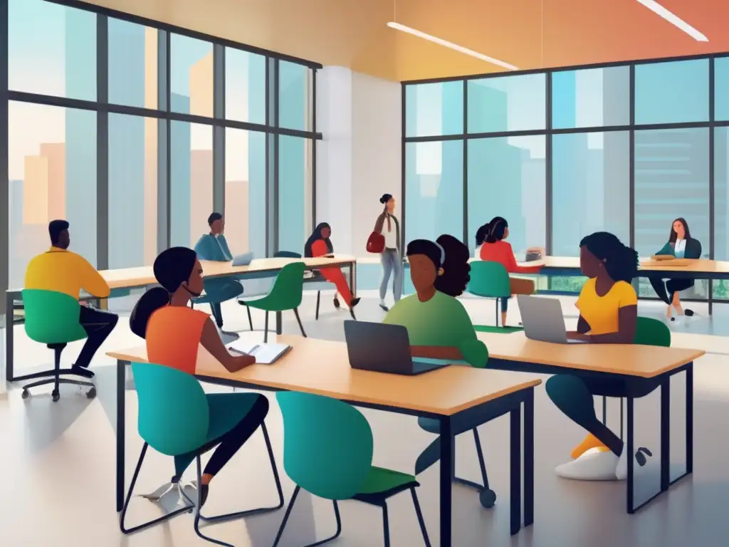 Aula inclusiva con estudiantes colaborando Estudiantes diversos colaborando en ambiente de aprendizaje inclusivo