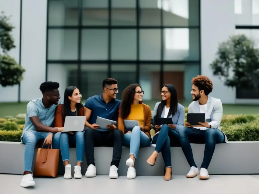 Estudiantes en entorno universitario con pantalla digital - Estudiantes en ambiente universitario con financiamiento universitario especializado