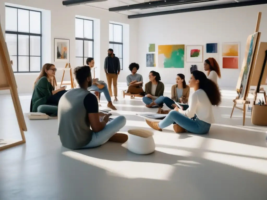 Estudiantes de arte en estudio creativo Estudiantes de arte diverso en estudio luminoso y espacioso, preparándose para entrevistas universidades arte