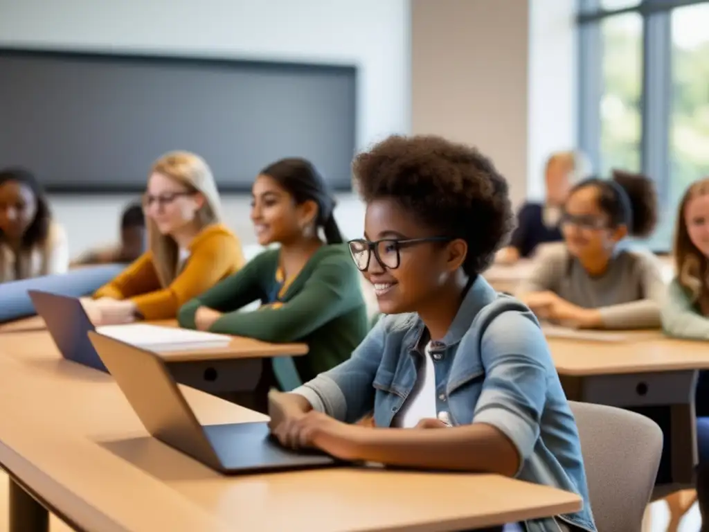 Estudiantes colaborando en aula moderna Estudiantes diversos colaborando en una aula moderna, resaltando la importancia de la orientación vocacional para estudiantes desfavorecidos