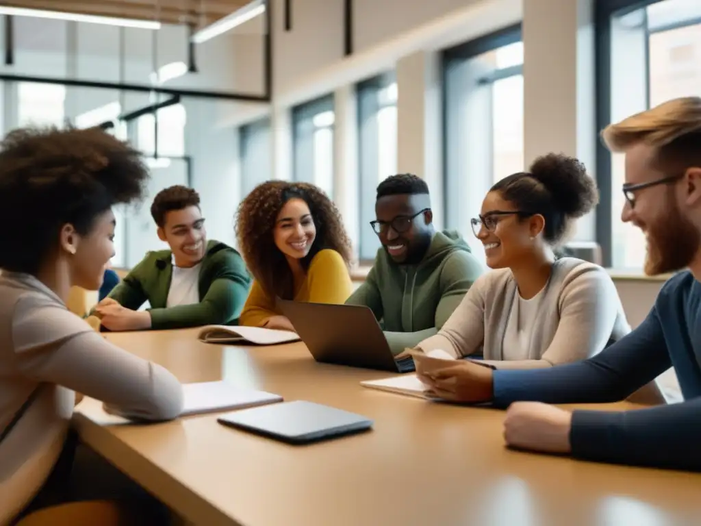 Estudiantes diversos discutiendo en aula moderna Estudiantes diversos discutiendo en aula moderna - Normas admisión universidades minorías