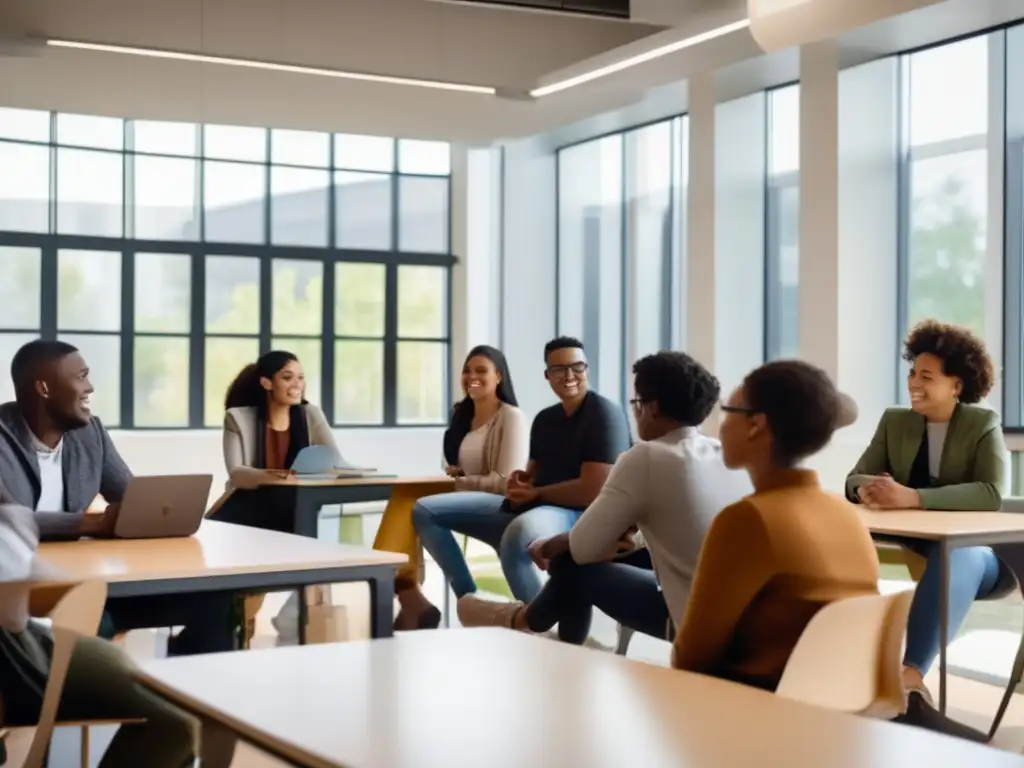 Estudiantes diversos colaborando en aula universitaria Estudiantes diversos colaborando en un aula universitaria moderna y luminosa